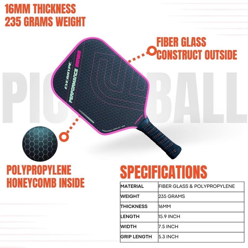 Everhype Fiberglass Pickleball Paddle | Lightweight Racket | Cushion Comfort Grip Pickle Ball Paddle | Indoor/Outdoor Play Compatible (Fiberglass Performance) - Image 2
