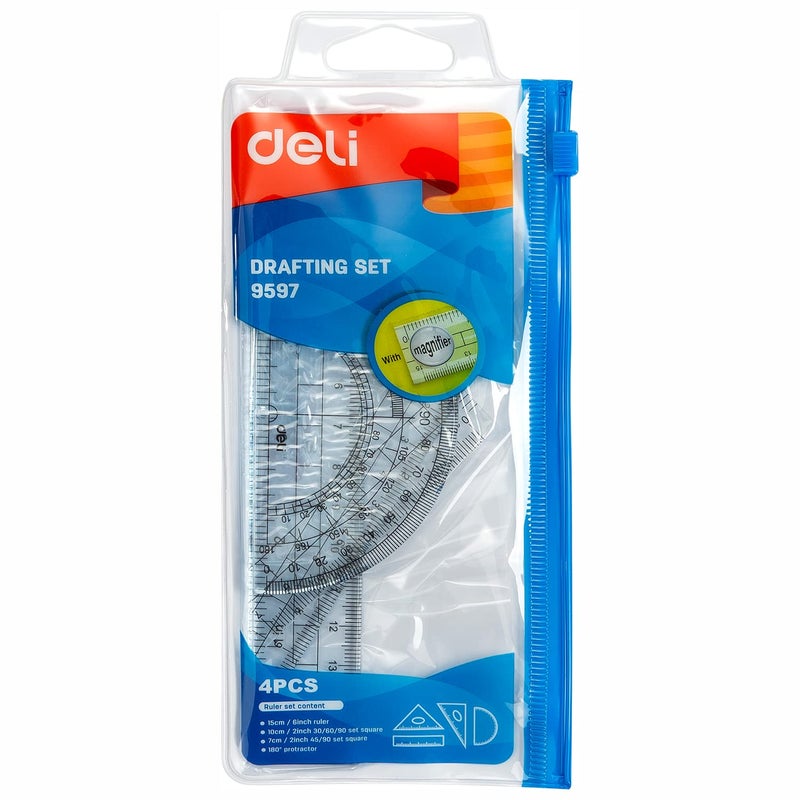 Deli E9597 4 Pcs Drafting Set Mathematical Drawing Instrument Set, Geometry Box Blue - 15cm Ruler, 30/60/90 Set Square, 45/90 Set Square, Protractor - Pack of 4 - Image 2