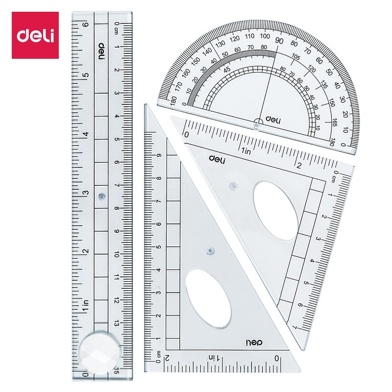 Deli E9597 4 Pcs Drafting Set Mathematical Drawing Instrument Set, Geometry Box Blue - 15cm Ruler, 30/60/90 Set Square, 45/90 Set Square, Protractor - Pack of 4 - Image 3