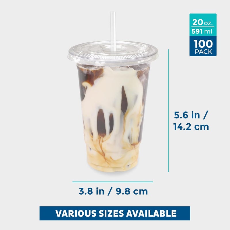 Freshware Clear Plastic Cups with Flat Lids and Straws 100 Cups 20 oz Disposable Tumblers for Iced Coffee Smoothie Milkshake Cold Drinks - Image 3