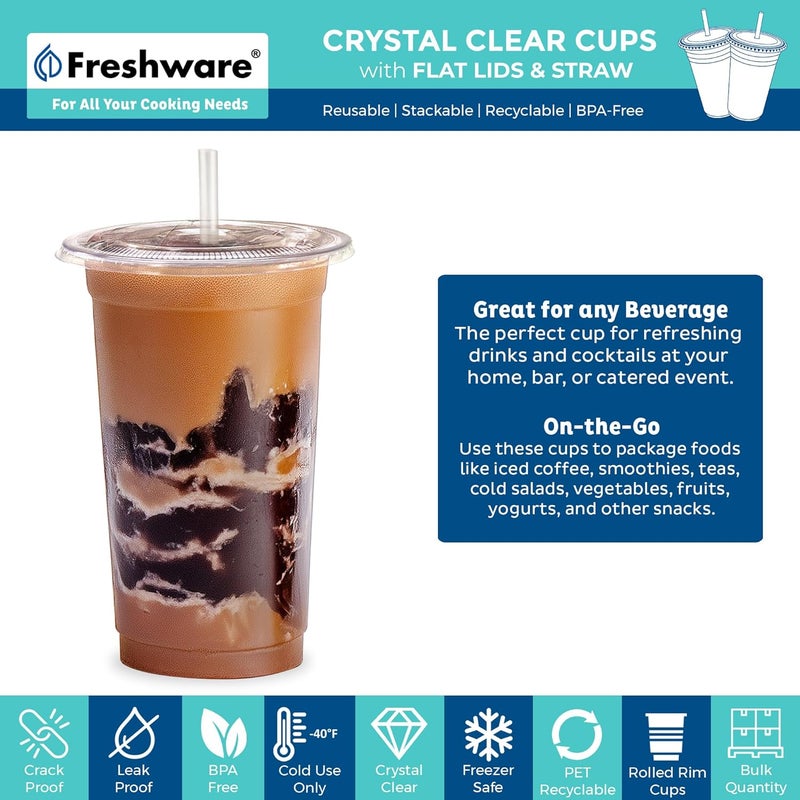 Freshware Clear Plastic Cups with Flat Lids and Straws 100 Cups 20 oz Disposable Tumblers for Iced Coffee Smoothie Milkshake Cold Drinks - Image 2
