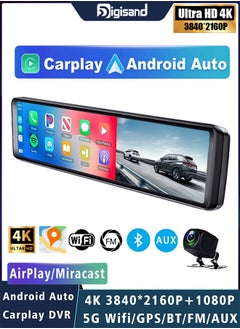 Digisand 11.26" Dash Cam 4K Car Dvr Carplay Android Auto Dash Cam GPS 5GHz WIFI BT FM Stream Rear View Mirror Drive Car Recorder Parking Monitor With 64GB Card  - Image 1