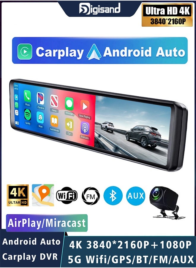 Digisand - 11.26" Dash Cam 4K Car Dvr Carplay Android Auto Dash Cam GPS 5GHz WIFI BT FM Stream Rear View Mirror Drive Car Recorder Parking Monitor With 64GB Card - Image 1