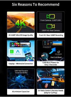 Digisand 11.26" Dash Cam 4K Car Dvr Carplay Android Auto Dash Cam GPS 5GHz WIFI BT FM Stream Rear View Mirror Drive Car Recorder Parking Monitor With 64GB Card  - Image 4