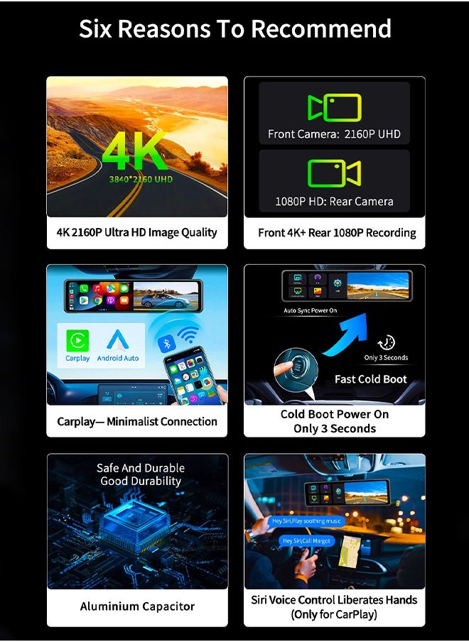 Digisand - 11.26" Dash Cam 4K Car Dvr Carplay Android Auto Dash Cam GPS 5GHz WIFI BT FM Stream Rear View Mirror Drive Car Recorder Parking Monitor With 64GB Card - Image 1