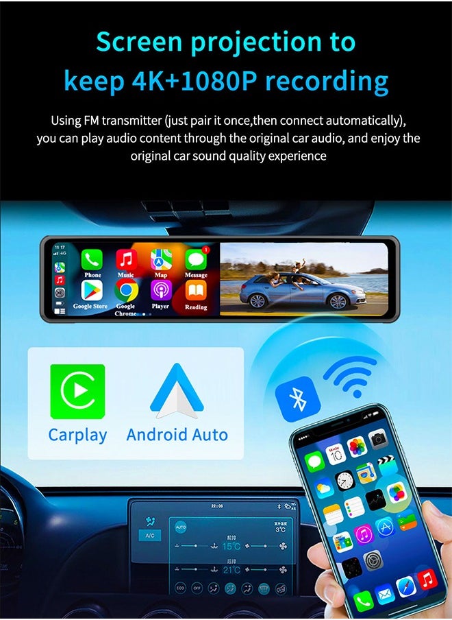 Digisand - 11.26" Dash Cam 4K Car Dvr Carplay Android Auto Dash Cam GPS 5GHz WIFI BT FM Stream Rear View Mirror Drive Car Recorder Parking Monitor With 64GB Card - Image 1