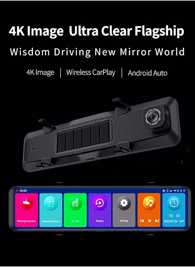 Digisand - 11.26" Dash Cam 4K Car Dvr Carplay Android Auto Dash Cam GPS 5GHz WIFI BT FM Stream Rear View Mirror Drive Car Recorder Parking Monitor With 64GB Card - Image 1