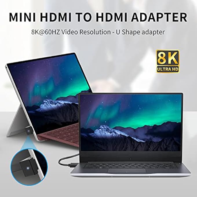 rayihni U SHAPE HDMI TO MINI HDMI 8K ADAPTER - DOWN ANGLED 2.1 EXTENSION FOR CAMERA, MONITORS, DVRS - SUPPORTS 8K@60HZ, 48GBPS (2 PACK) - Image 2