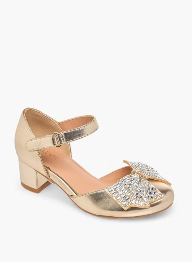 Celeste Girl's Bow Accent Block Heeled Sandals with Hook and Loop Closure