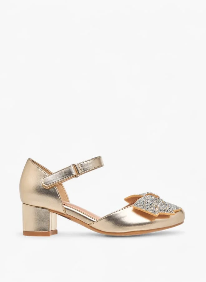 Celeste Girl's Bow Accent Block Heeled Sandals with Hook and Loop Closure