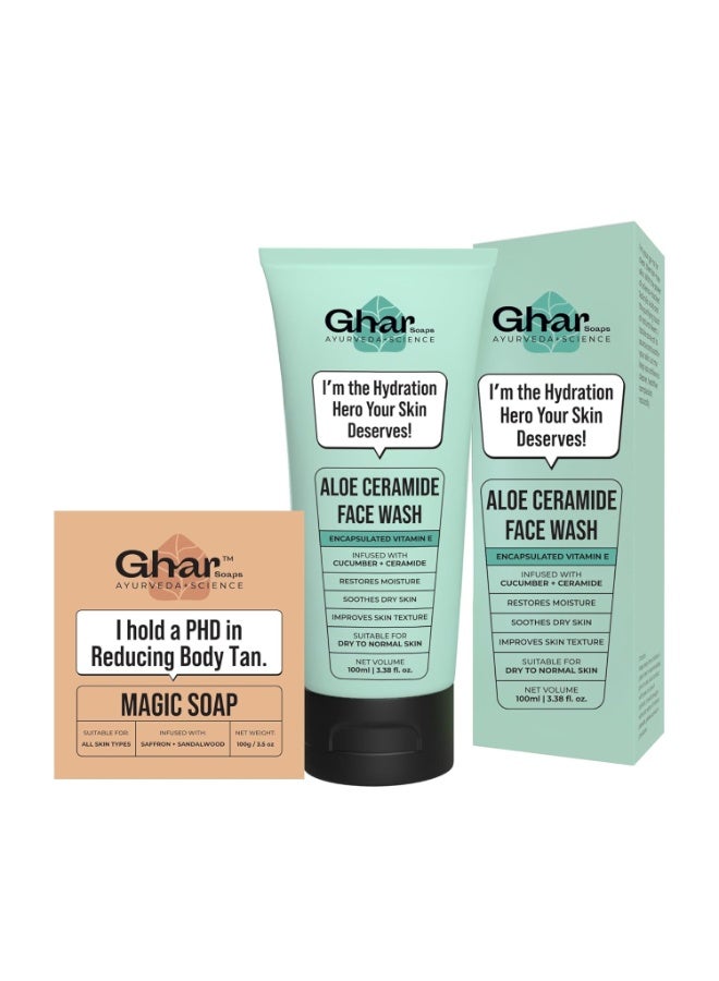 Ghar Soaps Hydrating & De-Tan Soap Duo – Magic Soap 100G + Alo Ceramide Face wash 100ML, | With Ceramides, Cucumber, Saffron, Coconut Oil & Vitamin E | Brightens & Moisturizes Dry, Dull Skin - Image 1