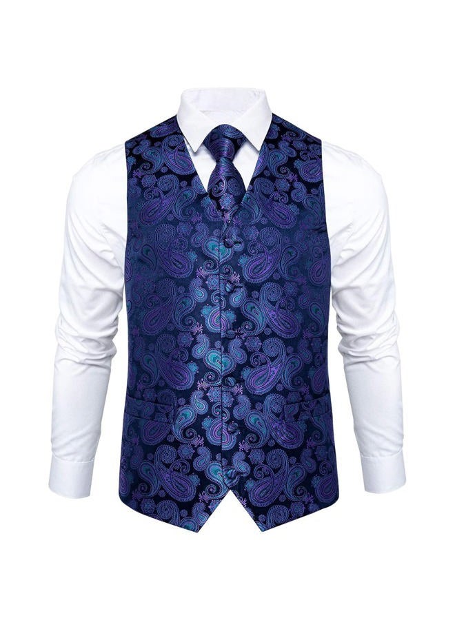 DiBanGu Mens Paisley Suit Waistcoat Silk Dress Vest and Necktie Pocket Square Cufflinks for Wedding Party, 05 Blue, L - Image 2
