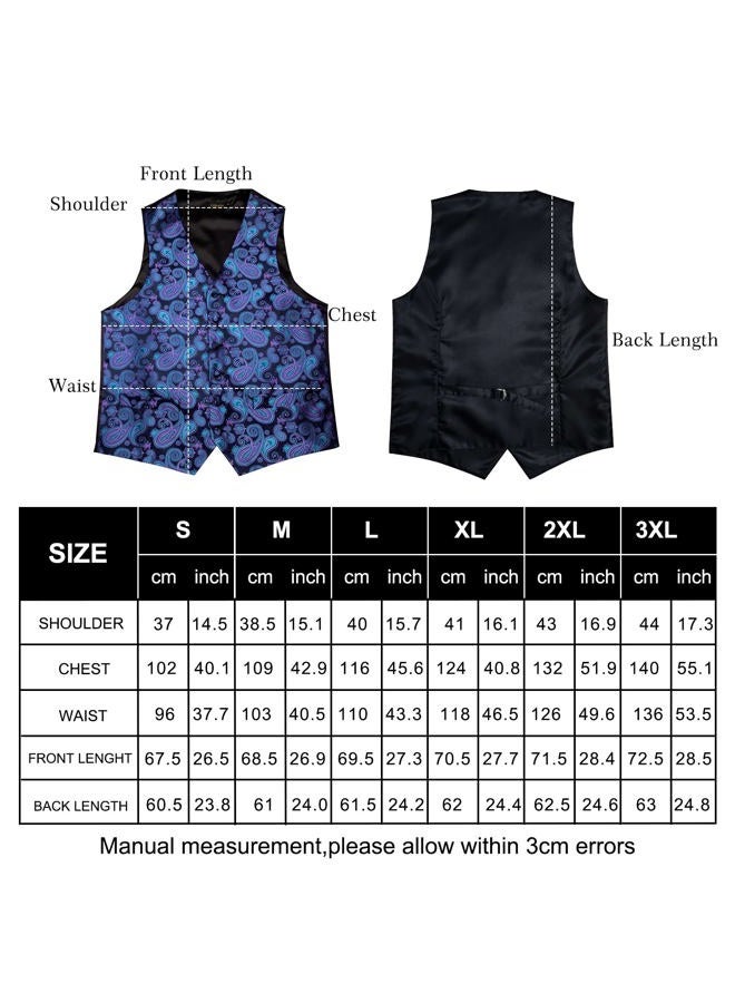 DiBanGu Mens Paisley Suit Waistcoat Silk Dress Vest and Necktie Pocket Square Cufflinks for Wedding Party, 05 Blue, L - Image 5