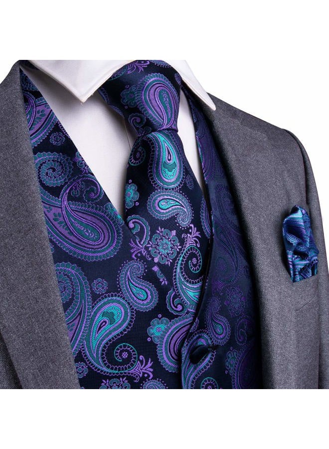DiBanGu Mens Paisley Suit Waistcoat Silk Dress Vest and Necktie Pocket Square Cufflinks for Wedding Party, 05 Blue, L - Image 3
