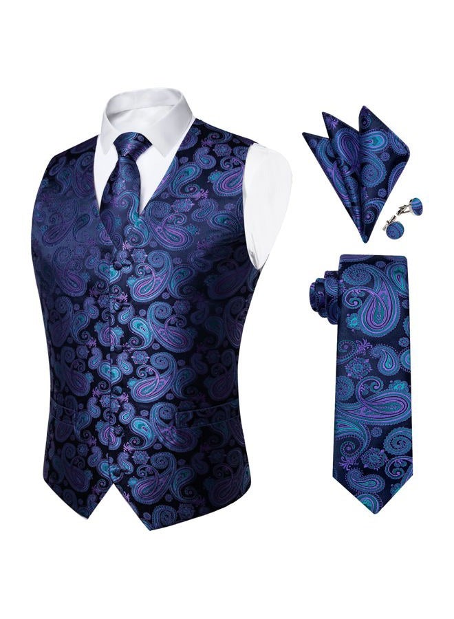 DiBanGu Mens Paisley Suit Waistcoat Silk Dress Vest and Necktie Pocket Square Cufflinks for Wedding Party, 05 Blue, L - Image 1