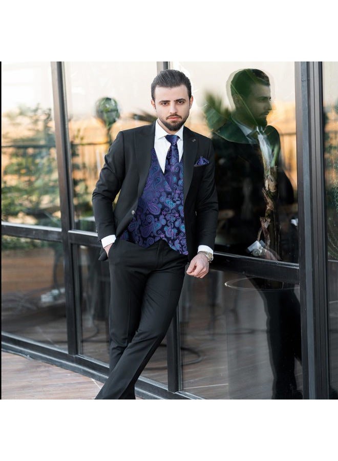 DiBanGu Mens Paisley Suit Waistcoat Silk Dress Vest and Necktie Pocket Square Cufflinks for Wedding Party, 05 Blue, L - Image 4