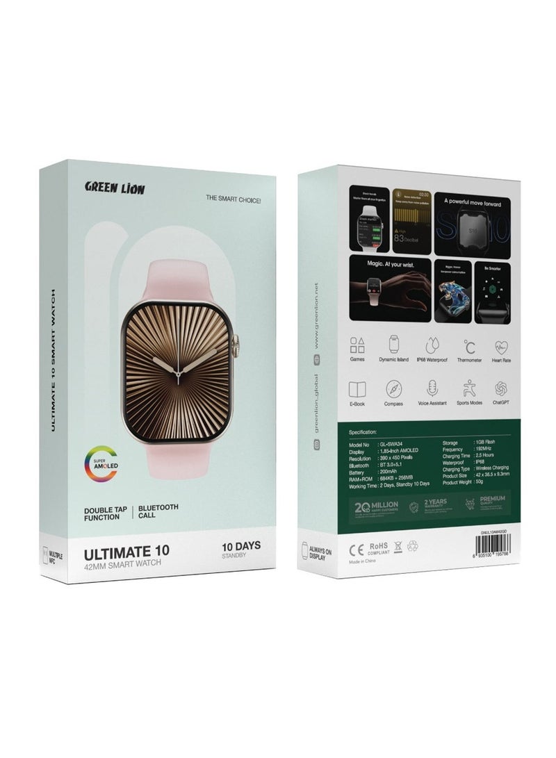 GREEN LION Ultimate 10 42MM Smart Watch /AMOLED Display 1.85inch / Storage 1GB Flash / Bluetooth Call / Games / Dynamic Island /Thermometer / Heart rate / E-Book / Compass / ChatGPT - Rose Gold - Image 2