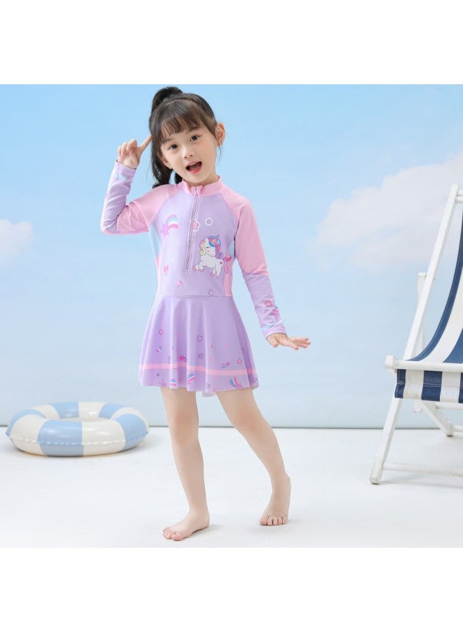 Loquat Children's Swimwear Women's One-Piece Skirt Long-Sleeved Swimwear Flat-Corner Sports Diving Swimming Suit For Big Kids Girls-Color:P2416-16MZ Powder Powder Mermaid- - Image 2