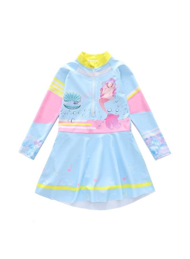 Loquat Children's Swimwear Women's One-Piece Skirt Long-Sleeved Swimwear Flat-Corner Sports Diving Swimming Suit For Big Kids Girls-Color:P2416-16MZ Powder Powder Mermaid- - Image 1