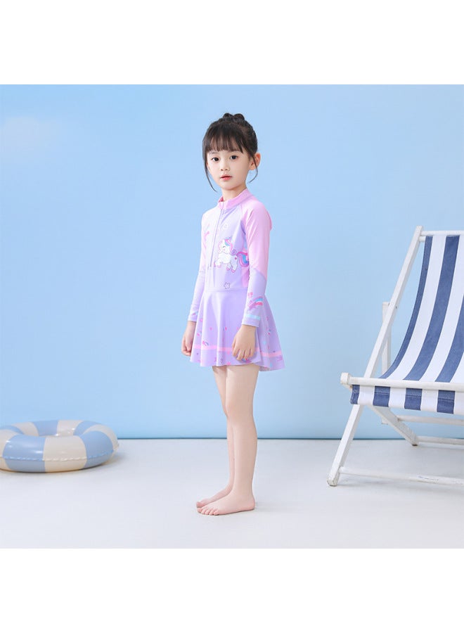 Loquat Children's Swimwear Women's One-Piece Skirt Long-Sleeved Swimwear Flat-Corner Sports Diving Swimming Suit For Big Kids Girls-Color:P2416-16MZ Powder Powder Mermaid- - Image 5