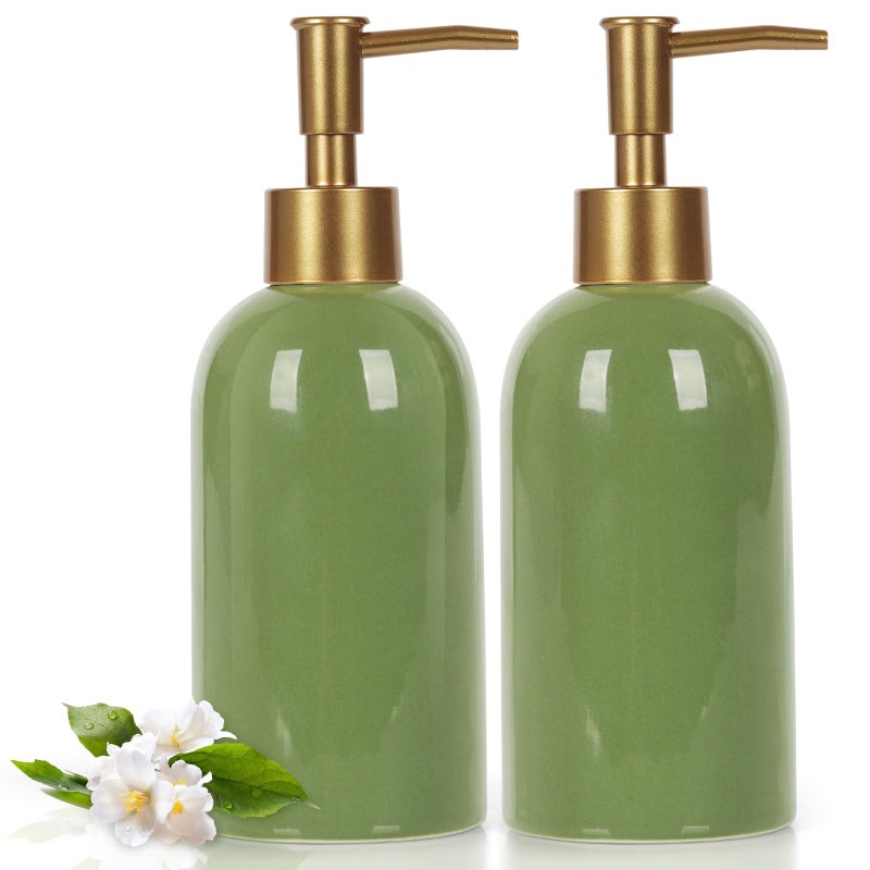 Natheeph 14OZ Ceramic Soap Dispenser Ceramic Soap Pump Dispenser Can Fill Liquid for BathroomKitchen 2PC Green