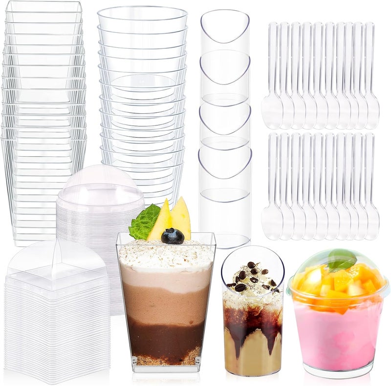 ALEXPRE 400 Pack 3oz 5oz Dessert Cups with Lids and Spoons 3 Styles Clear Plastic Appetizer Cups Disposable Party Mini Parfait Cups for Serving Fruit Trifle Mousse Ice Cream and Pudding Dessert Cups - Image 1