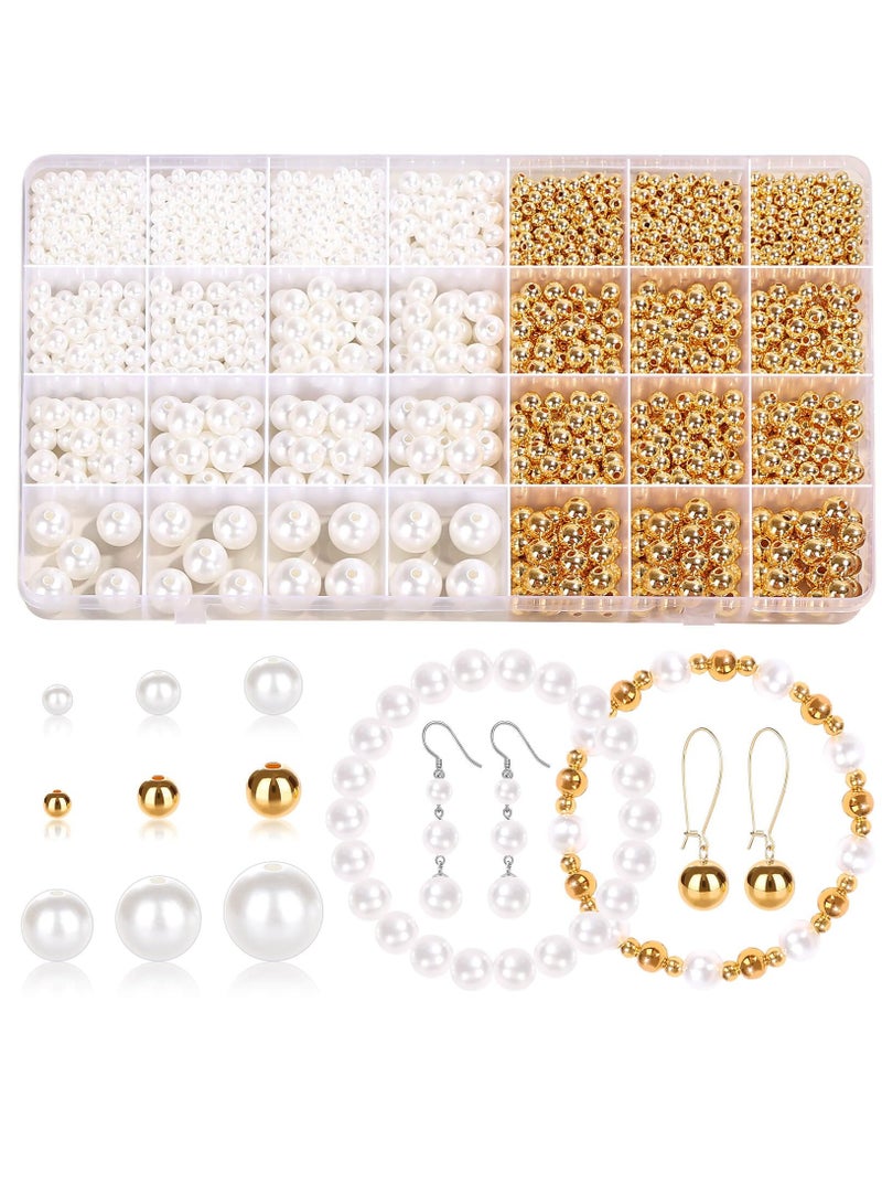 Excefore 1947 Pcs Pearl Beads for Jewelry Making, White and Gold Beads for Crafts with Holes, Gold Filled Beads for Bracelets Making Kit, Multi-Size Spacer Beads for DIY Bracelet Necklace Craft - Image 1