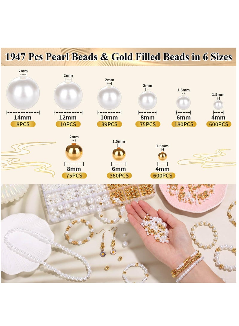 Excefore 1947 Pcs Pearl Beads for Jewelry Making, White and Gold Beads for Crafts with Holes, Gold Filled Beads for Bracelets Making Kit, Multi-Size Spacer Beads for DIY Bracelet Necklace Craft - Image 3