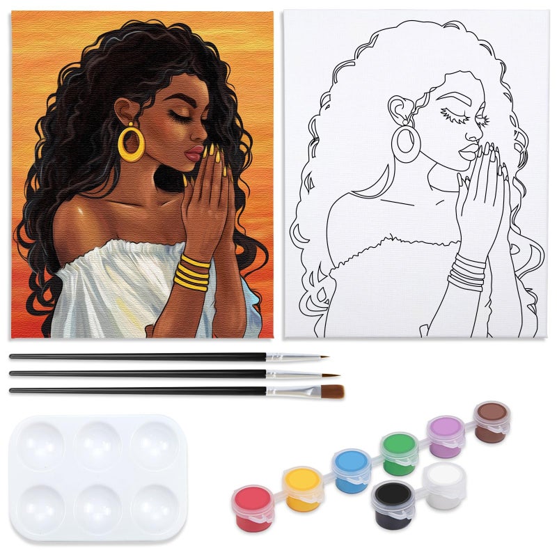 Nuberlic 8x10 Pre Drawn Canvas to Paint for Adults Sip and Paint Party Prayer Girl Blasian Lady Afro Americans Woman Christams Birthday Gift Painting Kits DIY - Image 1