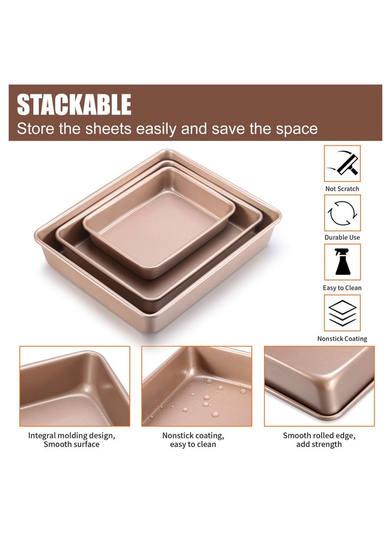 Thickened Deep Baking Tray Set of 3 Non-Stick, Oven Baking Trays for Biscuits Bread Cakes, etc., Golden  - Image 4