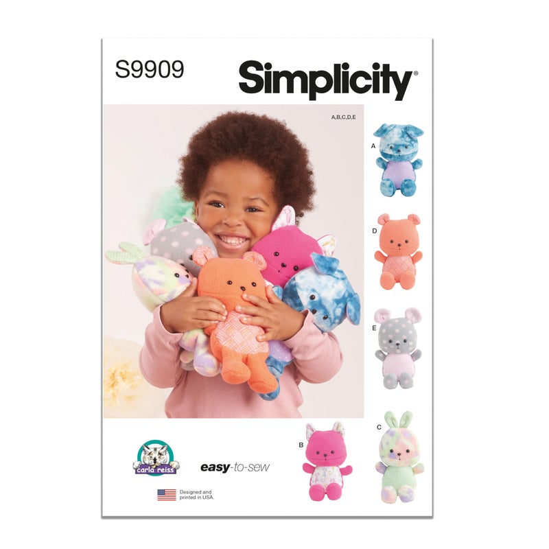 Simplicity SS9909OS 9" Plush Puppy, Kitten, Bunny, Bear, and Mouse Sewing Pattern Packet by Carla Reiss Design, Design Code S9909, One Size Each - Image 1