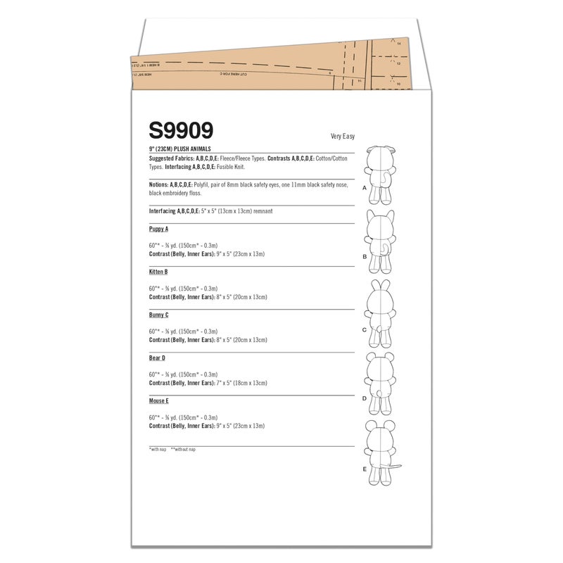Simplicity SS9909OS 9" Plush Puppy, Kitten, Bunny, Bear, and Mouse Sewing Pattern Packet by Carla Reiss Design, Design Code S9909, One Size Each - Image 2