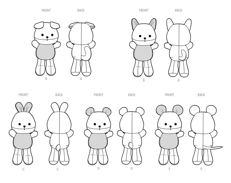 Simplicity SS9909OS 9" Plush Puppy, Kitten, Bunny, Bear, and Mouse Sewing Pattern Packet by Carla Reiss Design, Design Code S9909, One Size Each - Image 3