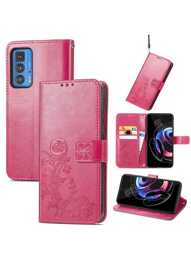 اس-توب جراب لهاتف Motorola Edge 20 Pro، جراب جلدي منقوش بأربع أوراق لحماية الهاتف المحمول مع حبل وفتحة للبطاقات ومحفظة ووظيفة حامل - Image 1