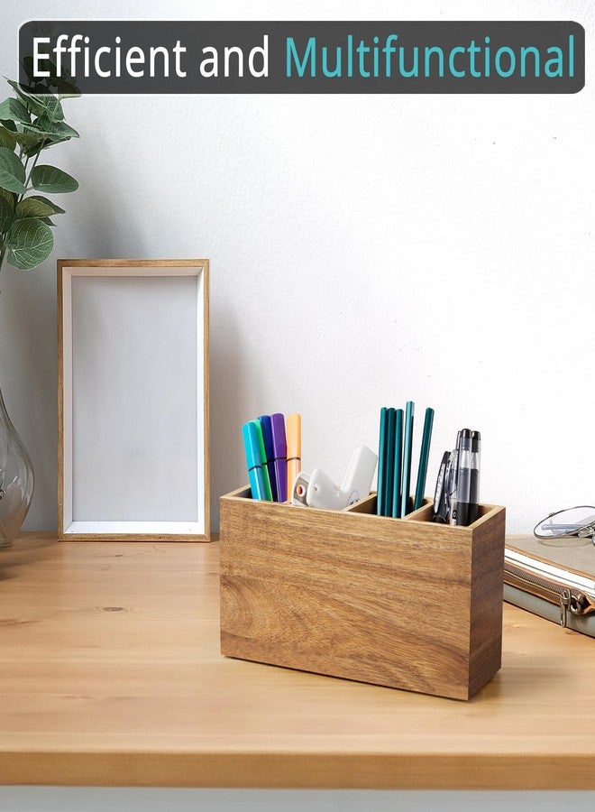 Bivvclaz Pencil Pen Holder for Desk, Acacia Wood Office Desk Organizers and Accessories with 4 Slots for Countertop, Makeup Brush Holder Organizer for Bathroom Vanity, Silverware Caddy for Party - Image 3