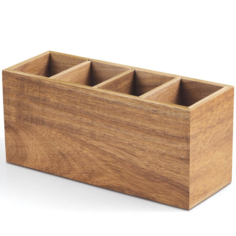 Bivvclaz Pencil Pen Holder for Desk, Acacia Wood Office Desk Organizers and Accessories with 4 Slots for Countertop, Makeup Brush Holder Organizer for Bathroom Vanity, Silverware Caddy for Party - Image 1