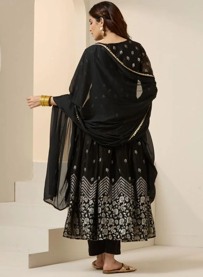 ISHIN Women's Black Georgette Embroidered Tunic Full Length Palazzo Straight Fit Kurta Set