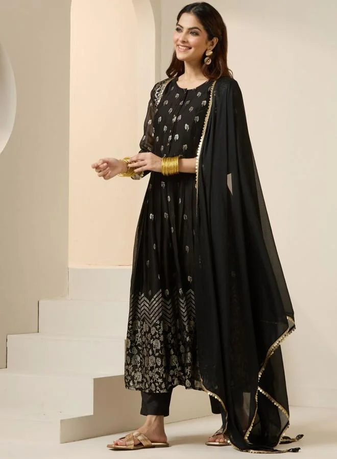 ISHIN Women's Black Georgette Embroidered Tunic Full Length Palazzo Straight Fit Kurta Set