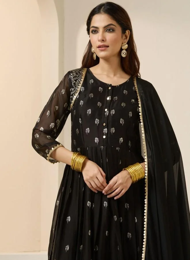 ISHIN Women's Black Georgette Embroidered Tunic Full Length Palazzo Straight Fit Kurta Set
