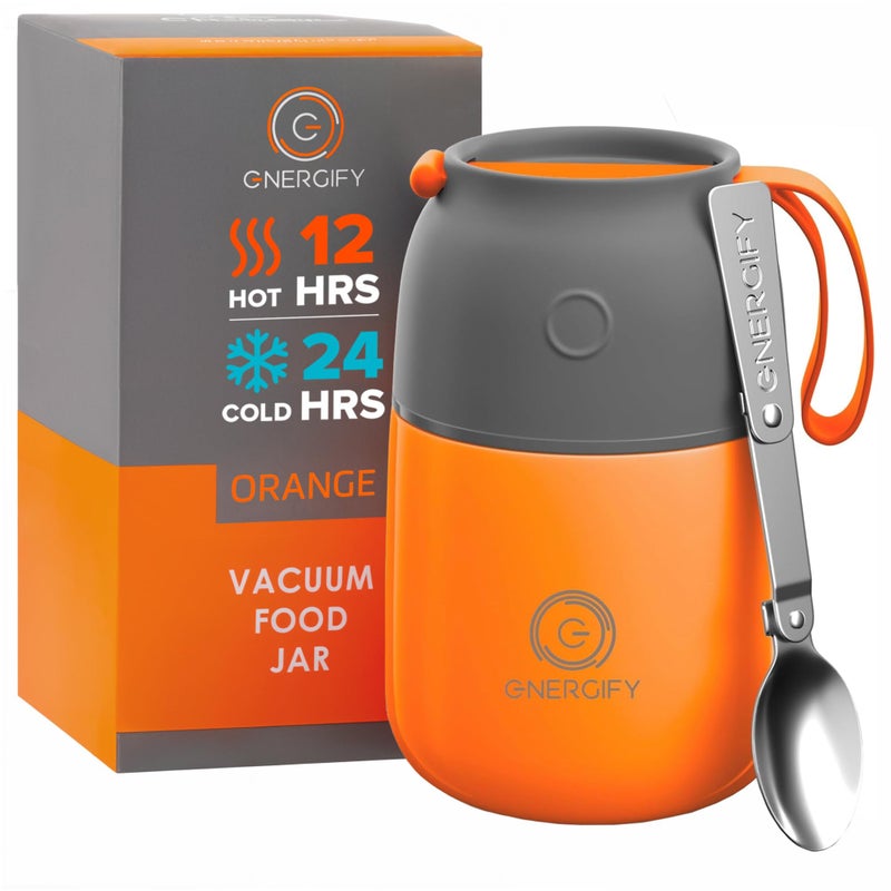 Vacuum Insulated Food Jar Large 17oz Bowl incl Folding Spoon Cup Wide Mouth Thermos Keep Hot  Cold Drinks Soup Thermo Lunch Container for Adults BPAFree Stainless Steel Leak Proof Orange