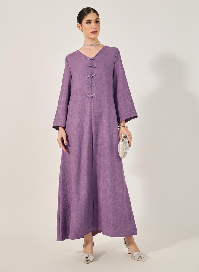 Styli Decorative Button Detail V Neck Jalabiya - Image 2