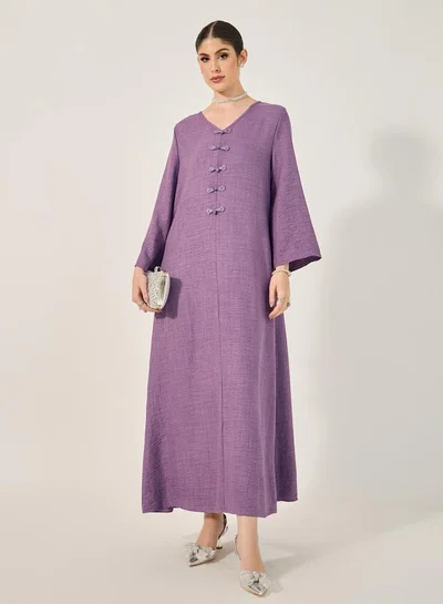 Styli Decorative Button Detail V Neck Jalabiya