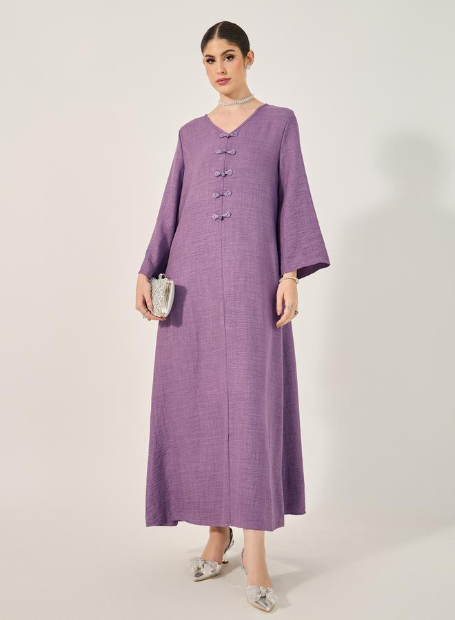 Styli Decorative Button Detail V Neck Jalabiya - Image 1