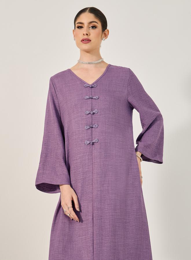 Styli Decorative Button Detail V Neck Jalabiya - Image 3
