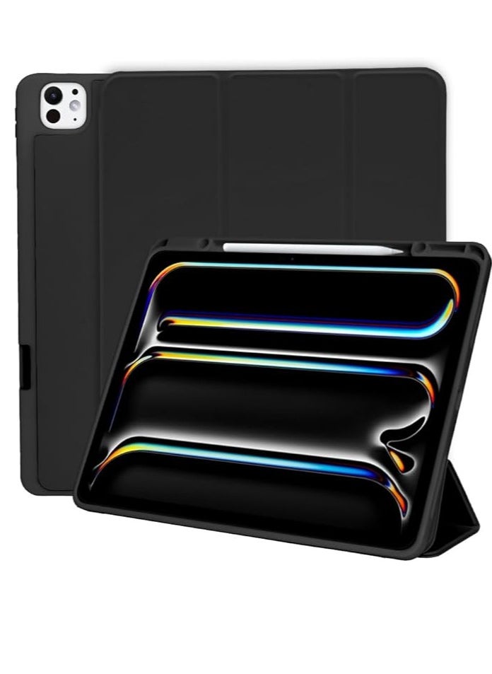 Smart New iPad Pro 13 Inch M4 Case (2024 Model, 7th Generation) with Pencil Holder Smart Tripod Stand Cover with Soft Material Back, Auto Wake/Sleep (Black) 