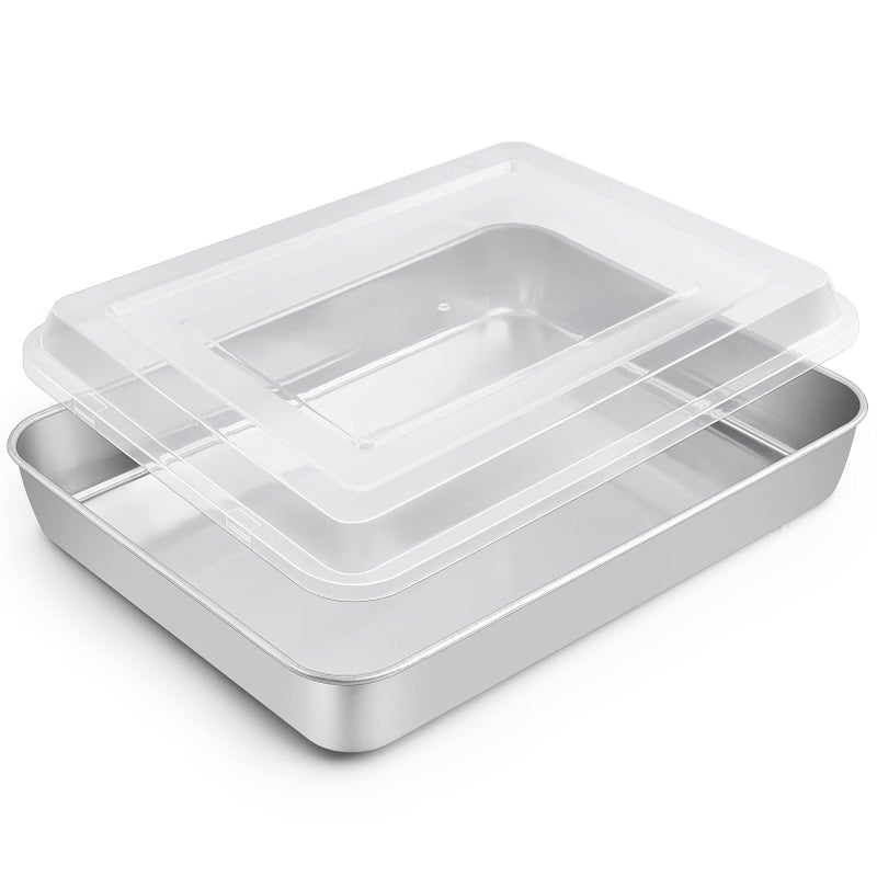 TeamFar TeamFar Rectangular Cake Pan with Lid 105 Stainless Steel Small Lasagna Baking Roasting Brownie Pan Nontoxic  Deep Side Brushed Surface  Dishwasher Safe 2 PCS