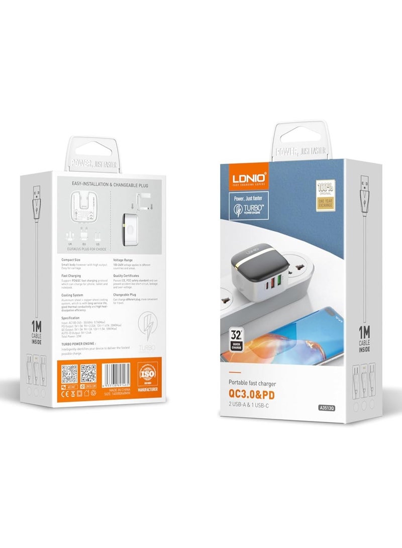 لدنيو شاحن حائط فائق السرعة LDNIO A3513Q مع منفذي USB / Type C وكابل Micro بقوة 32 وات - أبيض - Image 4