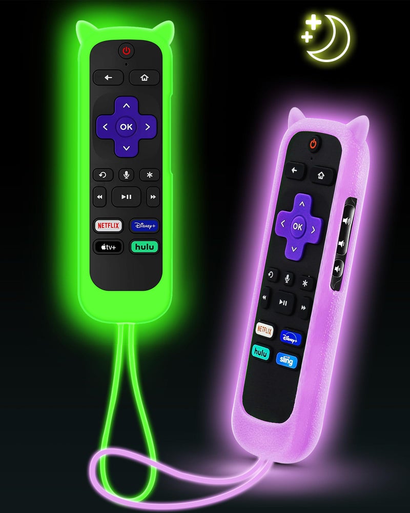 OneBom 2Pack ONEBOM Cover for Roku Remote with Cat Ears Design, Silicone Skin Case Compatible with Hisense/TCL Roku TV, Steaming Stick/Express, Universal Replacement Controller. Glow in the Dark,Green/Purple - Image 1