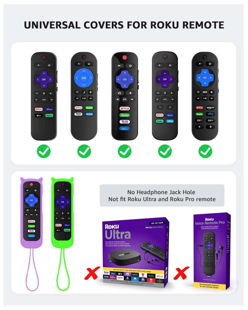 OneBom 2Pack ONEBOM Cover for Roku Remote with Cat Ears Design, Silicone Skin Case Compatible with Hisense/TCL Roku TV, Steaming Stick/Express, Universal Replacement Controller. Glow in the Dark,Green/Purple - Image 2