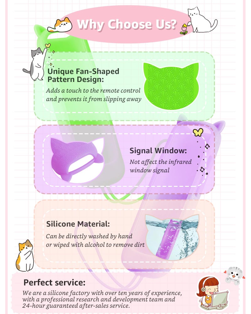OneBom 2Pack ONEBOM Cover for Roku Remote with Cat Ears Design, Silicone Skin Case Compatible with Hisense/TCL Roku TV, Steaming Stick/Express, Universal Replacement Controller. Glow in the Dark,Green/Purple - Image 3